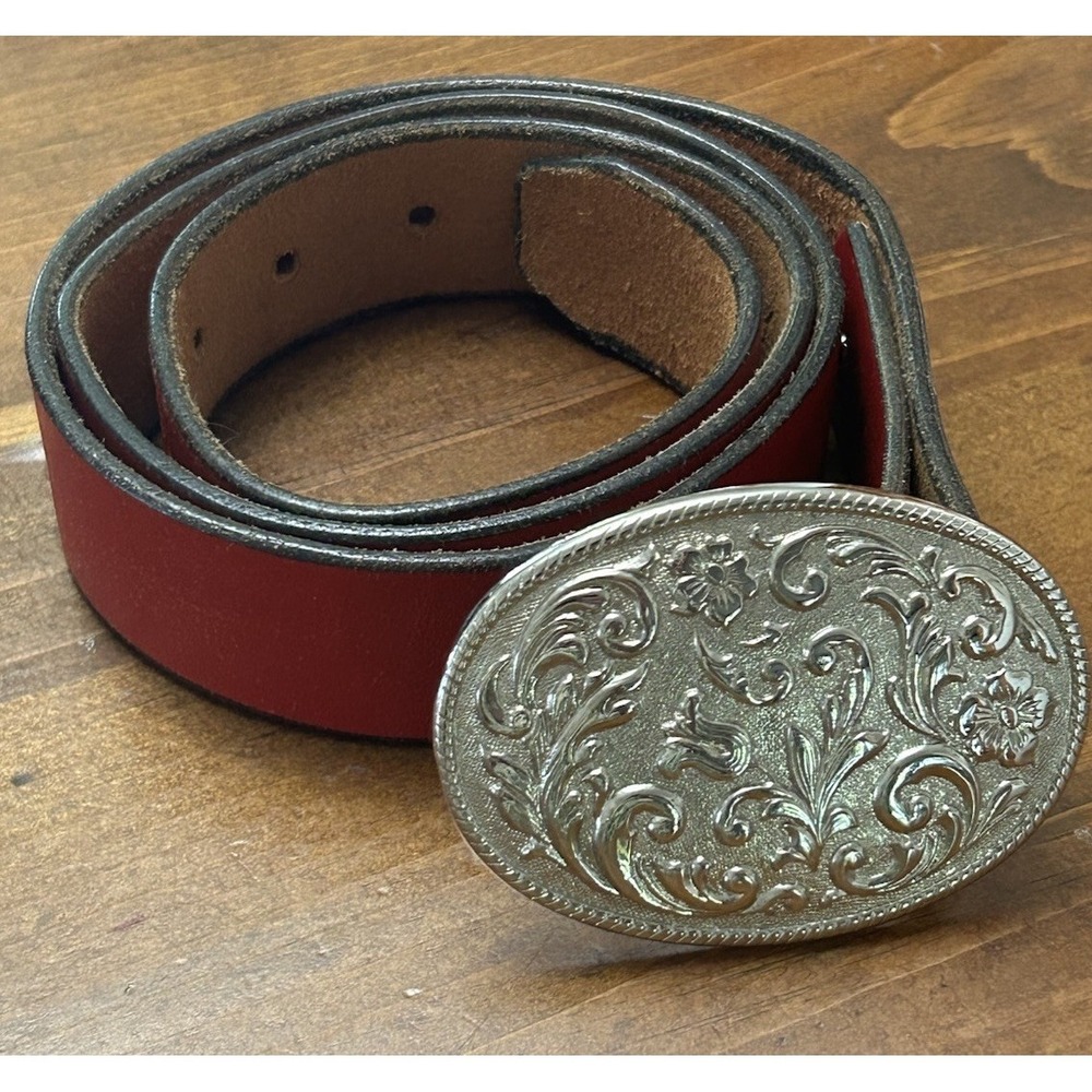 VTG Klue Leather Red Leather Western Belt Silver Engraved Trophy Buckle 48"